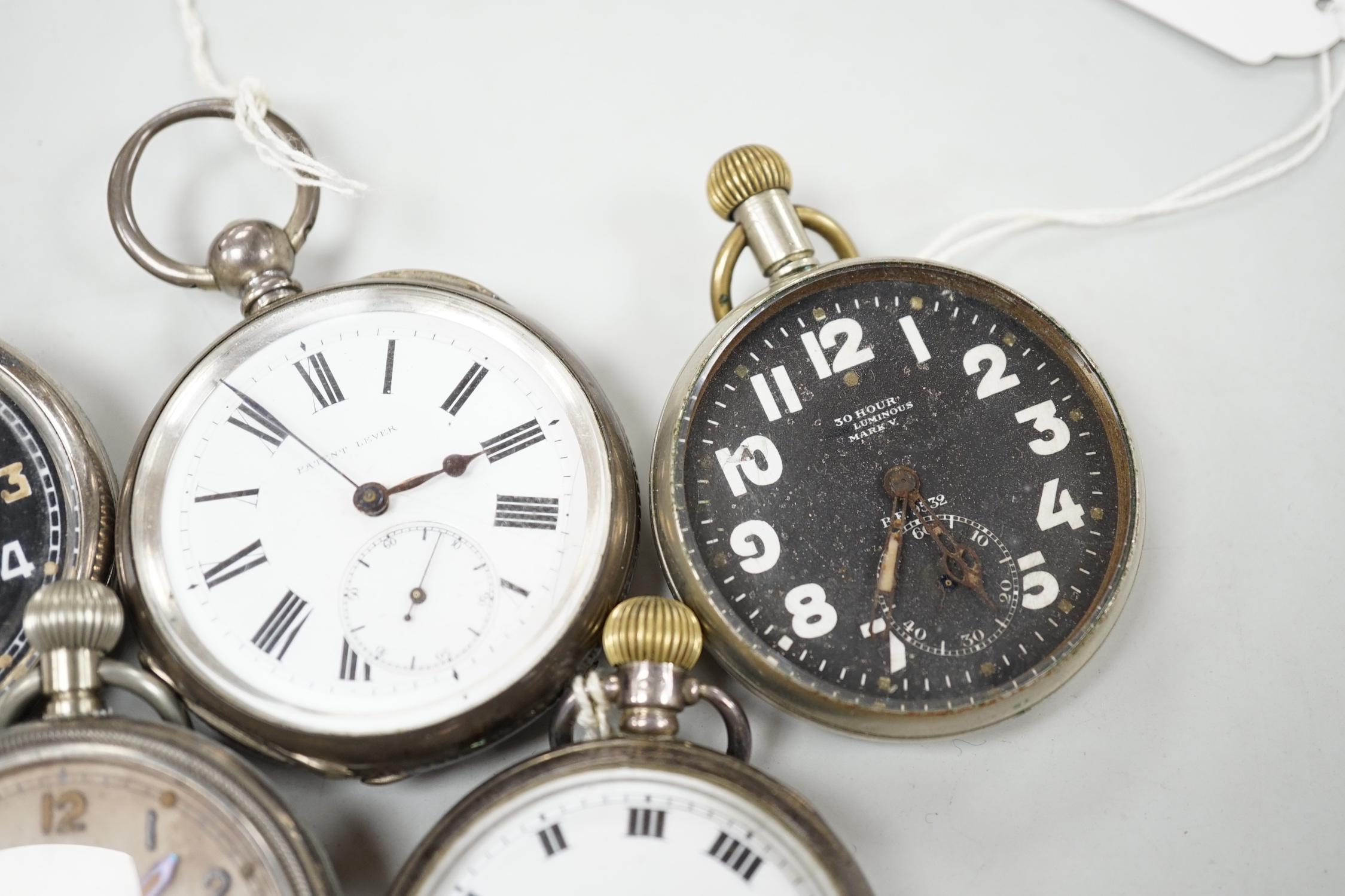 Eleven assorted gold plated or base metal pocket watches including three Waltham and Doxa military black dial.